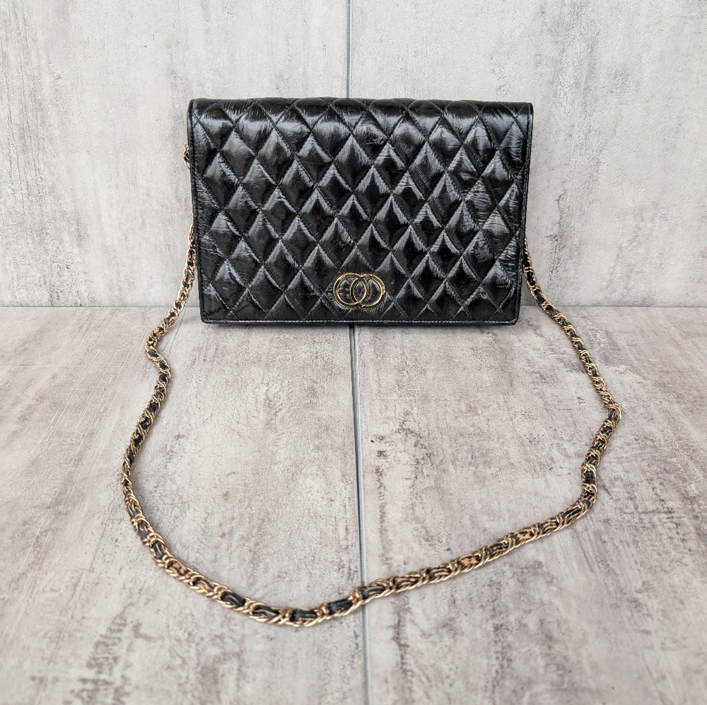 Vintage Eel Skin Black and Gold Tone Quilted Crossbody Purse